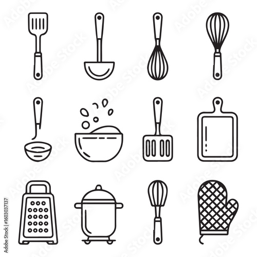 Collection of simple black and white line art icons representing various kitchen utensils and cooking tools on a white background