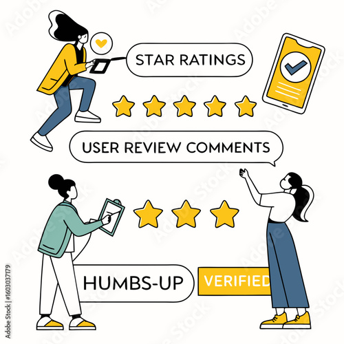 Vector of star ratings user review comments thumbs up icons and verified badges for feedback interface

