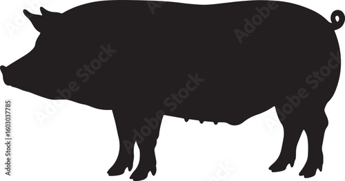 Black silhouette of a domestic pig or sow, side view, ideal for farm animal illustrations, livestock concepts, agricultural designs, and pork product branding on a white background