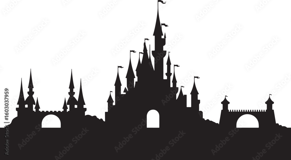 Fototapeta premium Silhouette of a Grand Castle Against a Transparent Backdrop, Fairytale Kingdom Architecture