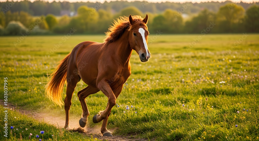 Fototapeta premium Chestnut Horse Galloping in a Field at Sunset