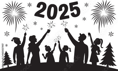 Silhouette Family Holding Sparklers New Year 2025 Fireworks Background Vector Graphic