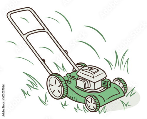 Lawn mower cutting grass in a flat design illustration  on transparent background