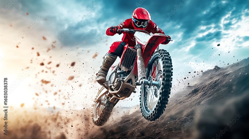 Naklejka premium Motocross rider mid-jump off-road track action shot rugged terrain dynamic view extreme sports