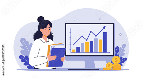 Businesswoman analyzing financial growth on desktop with rising chart