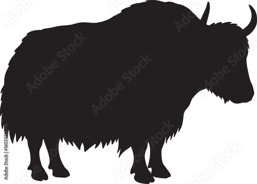 Black silhouette of a shaggy yak, a large bovine known for its long hair, ideal for illustrating mountain wildlife, Tibetan culture, or high-altitude environments on a clean background