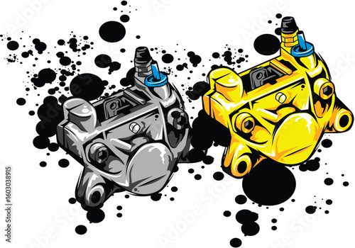 Illustration of Two Brake Calipers in Different Colors with Ink Splatters