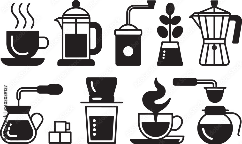 Fototapeta premium Coffee Preparation Silhouette Vector Set Featuring Various Coffee Brewing Methods