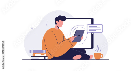 Person engaging with tablet in cozy setting with books and coffee