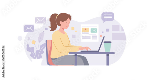 Woman working on laptop at desk with messaging icons in modern flat st