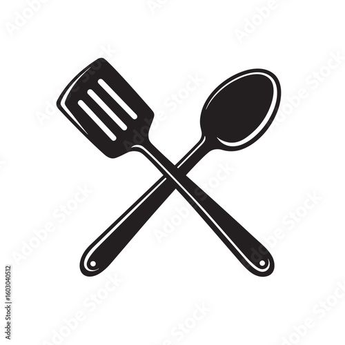 Classic crossed kitchen utensils featuring a slotted spatula and a spoon, perfect for culinary concepts and vintage art designs.