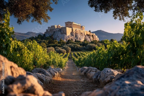 AI-generated illustration of the Acropolis in Athens, Greece, framed by lush vineyards