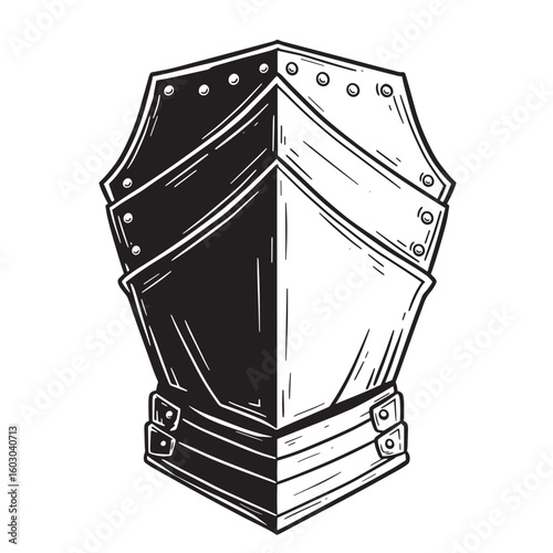 Detailed vintage art illustration showcasing a medieval knight's chest armor with intricate linework and a classic, timeless aesthetic.