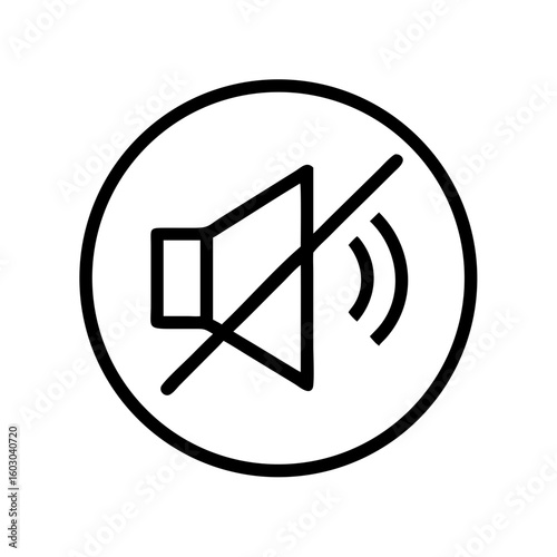Minimalist black outline vector icon of a crossed-out speaker inside a circle, symbolizing mute, silence, and no sound. Isolated on a transparent background