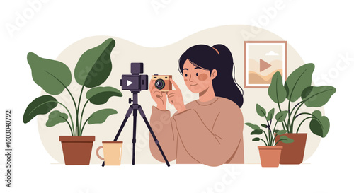 Woman photographer with plants and vintage camera in cozy home studio