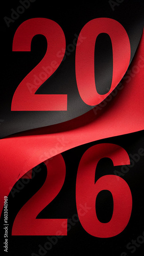 Bold red numbers 20 and 26 dramatically separated by a flowing red ribbon on a dark textured background symbolizing transition and future