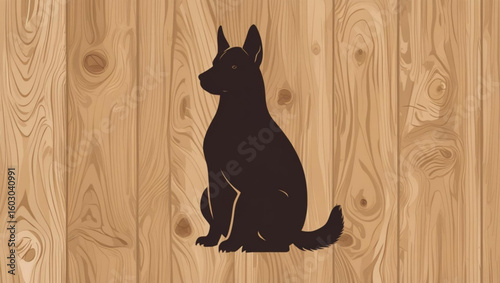 Black silhouette of a sitting German Shepherd dog on a rustic wood texture background