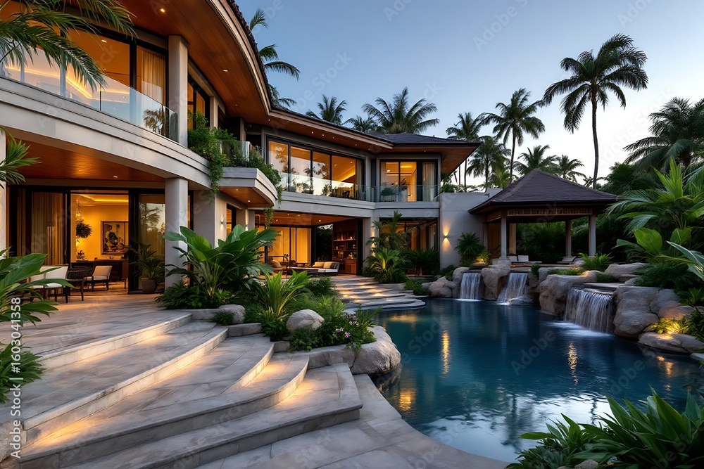 Fototapeta premium Luxury Modern Villa with Swimming Pool and Tropical Landscaping at Dusk