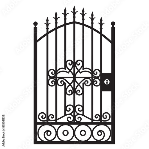 Elegant black wrought iron gate with decorative scrollwork a timeless design embodying classic charm for various architectural and artistic applications