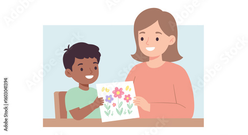Mother and child smiling over artwork in simple cartoon style
