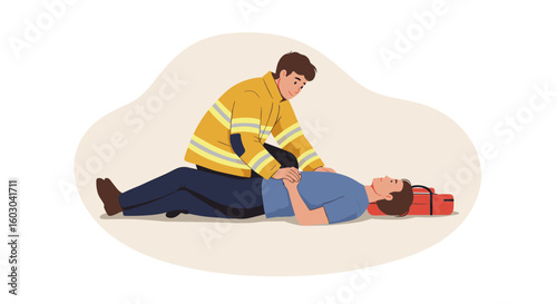 Emergency response cpr training scene with rescuer assisting unconscio