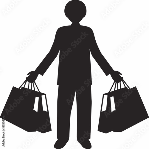 Person silhouette carrying shopping bags on a transparent background