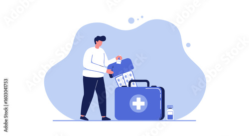 Healthcare funding: man investing money into medical suitcase