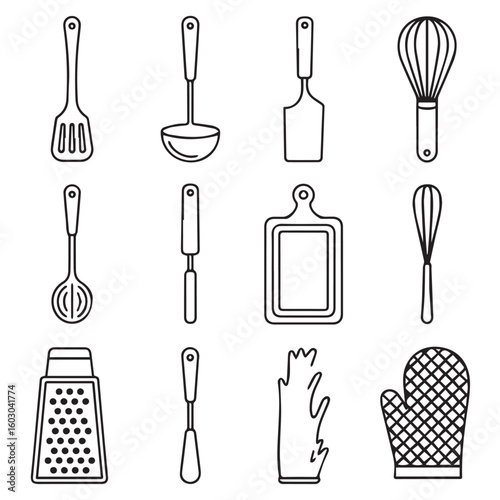 Collection of simple line art icons representing various essential kitchen utensils and cooking tools on a white background