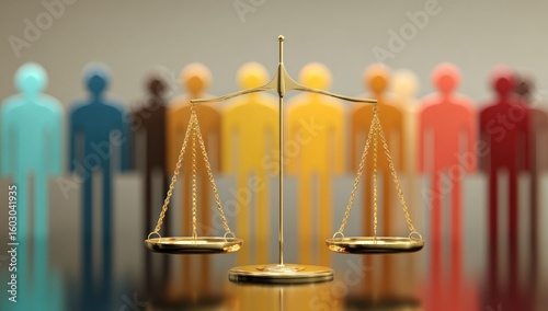 Golden scales of justice with diverse figures.