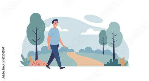 Man walking in park with trees and path in modern flat design