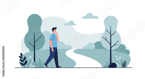 Serene outdoor walk in minimalist nature landscape with flat design
