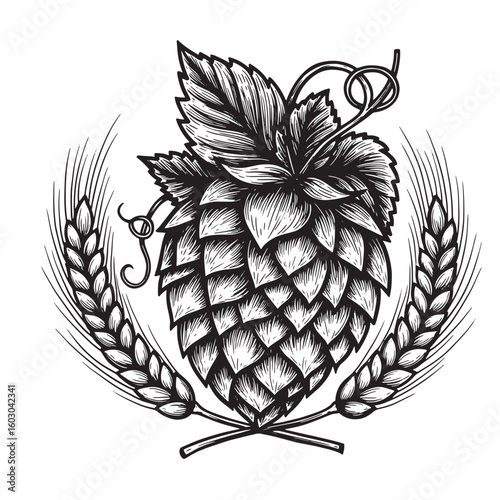 Intricate illustration of a hop cone and wheat ears presented in a detailed vintage art style perfect for beer brewery logos or label designs.