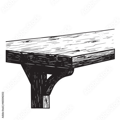 Intricate vintage art illustration showcasing the handcrafted construction of a weathered wooden table with visible wood grain and sturdy support structure.