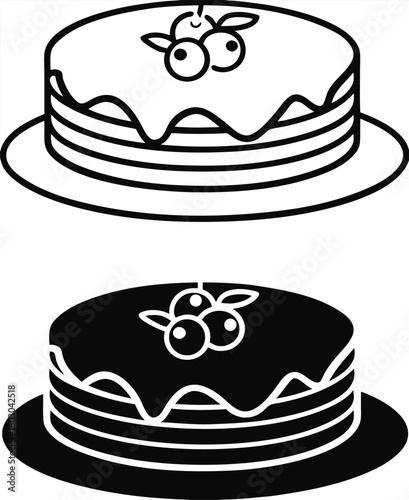 Pancakes Icons. Black and White Vector Illustration. Thin Fried Round Flatbreads with Sour Cream and Blueberries. Tasty Food. Fast Food Concept
