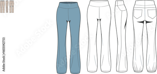 Cargo pants CAD drawing, flat vector fashion illustration with flared hem, elastic cuffs, multi-view layout, front side back outlines