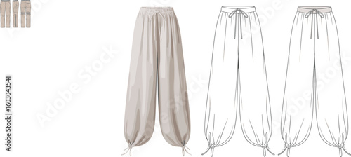 Cargo pants CAD drawing, flat vector fashion illustration with drawstring waist and ankles, beige color, technical front back sketches