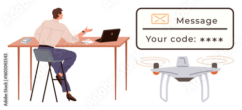 Man seated at desk with laptop interacting while receiving secure authentication code via drone delivery. Ideal for technology, security, communication, logistics, remote work, innovation, simple