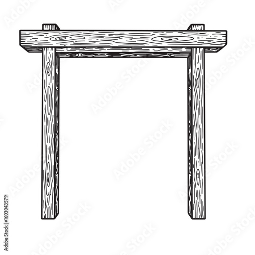Simple vintage art illustration of a wooden archway structure rendered in a classic hand drawn style showcasing rustic timber construction.