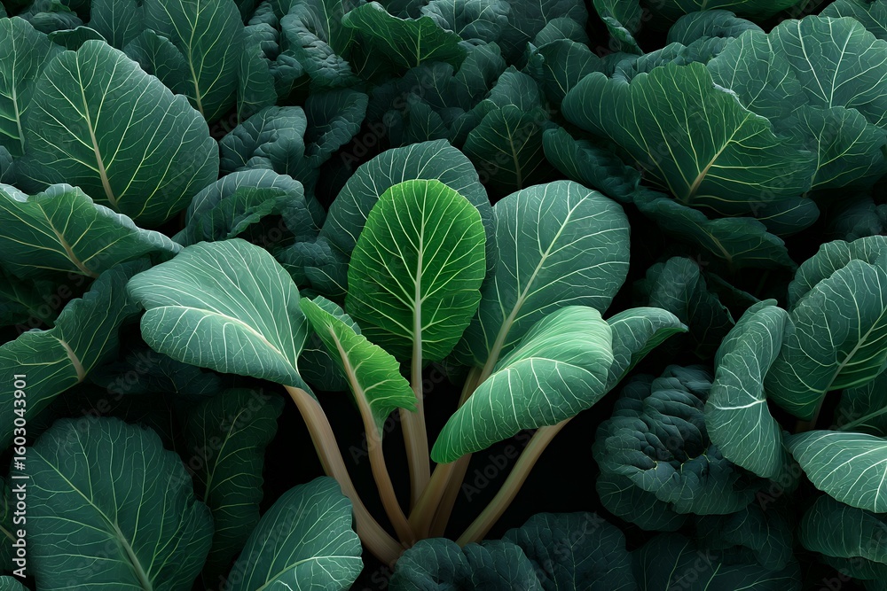 Obraz premium Lush green cabbage leaves in abundant garden growth