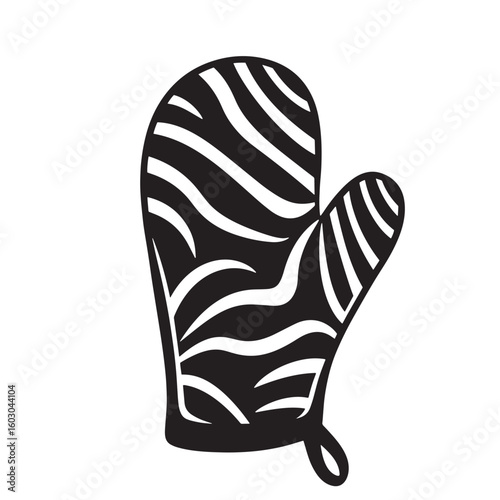 Vector illustration of a stylized black and white oven mitt featuring a vintage art aesthetic and wavy pattern design suitable for cooking and baking.