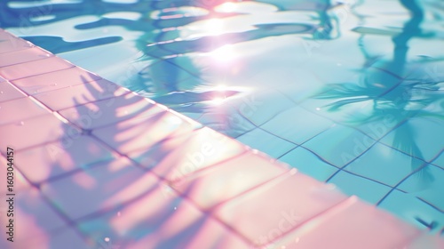 Pastel-toned summer poolside scene, close-up of swimming pool edge with shimmering water, soft sunlight reflections, tiled surface, palm shadows, gentle wind ripples, calming atmosphere