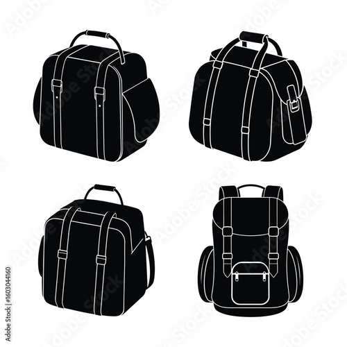 Camping Outdoor Gear Silhouettes Black Vector Icon Set of Backpacks and Travel Bags for Hiking Adventure and Wilderness Exploration