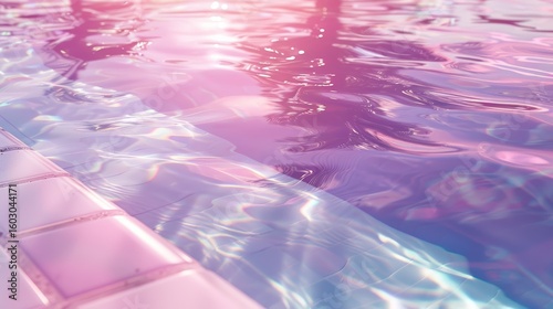 Pastel-toned summer poolside scene, close-up of swimming pool edge with shimmering water, soft sunlight reflections, tiled surface, palm shadows, gentle wind ripples, calming atmosphere
