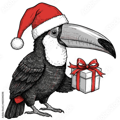 Vintage ink sketch of a South American toucan wearing Santa hat holding a gift – retro hand-drawn doodle vector illustration isolated on white, engraving or woodcut for Christmas or New Year 2026 