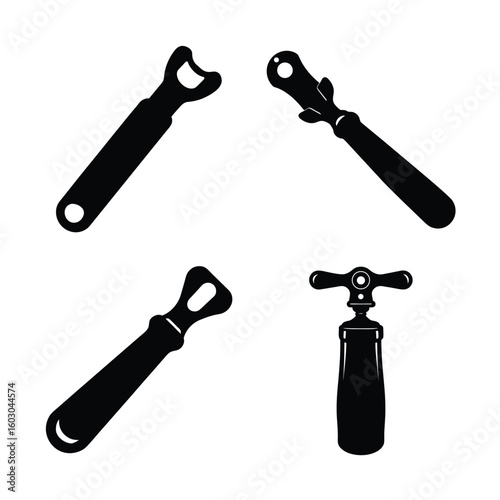 Camping Outdoor Gear Silhouettes Black Vector Icon Set of Bottle Openers and Corkscrews for Outdoor Cooking and Hiking Essentials