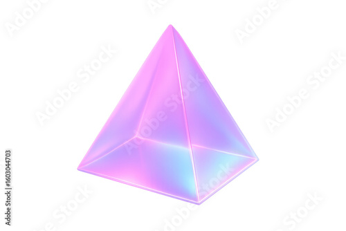 Glowing 3d geometric pyramid radiating pink and blue light, representing futuristic digital aesthetic on transparent backdrop