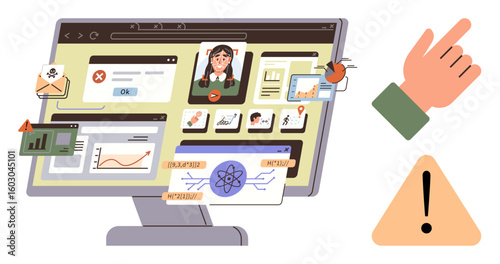 Computer screen filled with phishing attempts, bugs, warning pop-ups, and security threats. Hand pointing to risk, alert triangle icon. Ideal for cybersecurity, hacking, digital safety data