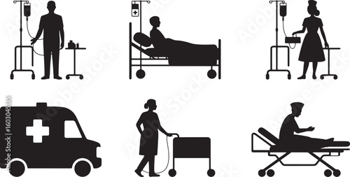 Medical Treatment Silhouette Vector Set Hospital Emergency Ambulance Doctor Patient Nurse