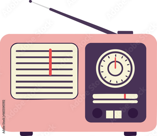 Vintage pink radio with antenna and dials retro style electronic device vector illustration 