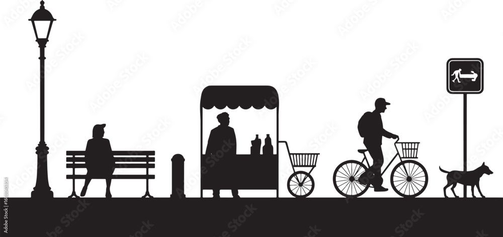 Fototapeta premium Park Scene Silhouette Collection Urban Landscape Black and White Vector Illustration
